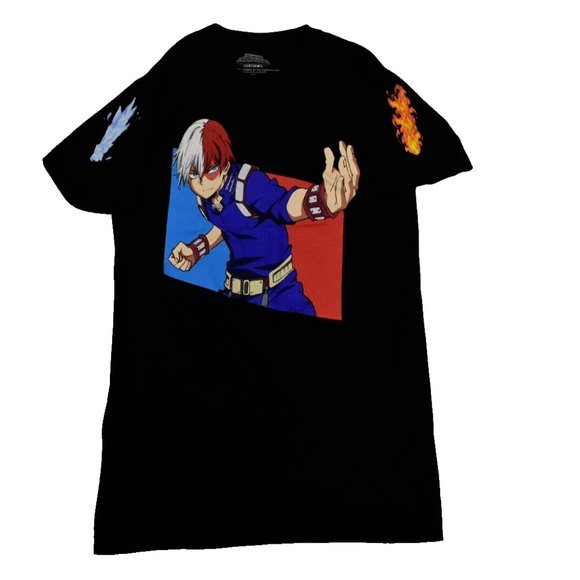 My Hero Academia Mens Shoto Todoroki Fire & Ice Sleeves Black Shirt New - Picture 1 of 3